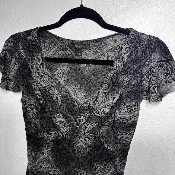 Express Y2K Shirt Womens Small Sheer Mico Mesh Damask Pattern Goth Babydoll Top - Picture 3 of 6